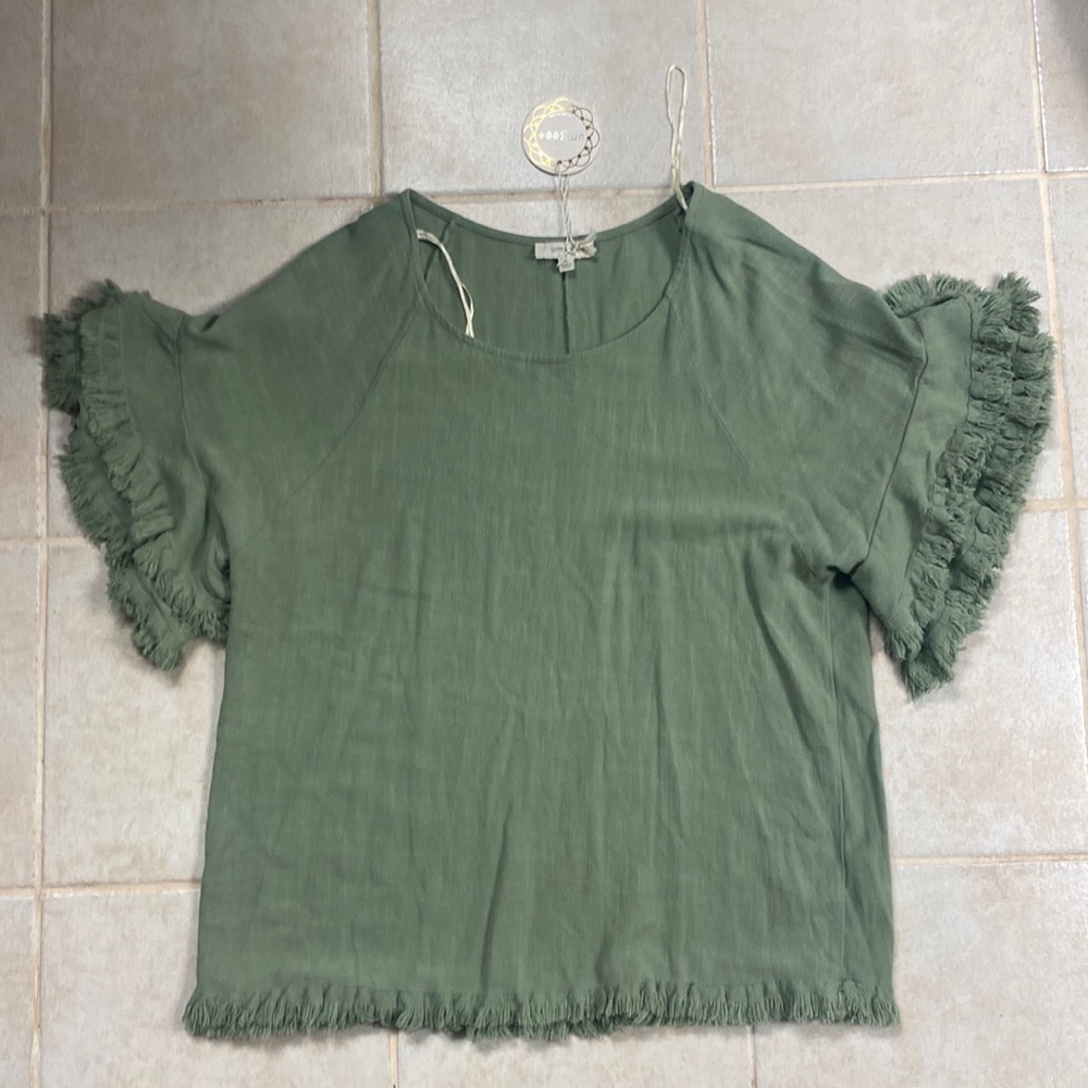 Umgee Olive Fringed Sleeve Blouse